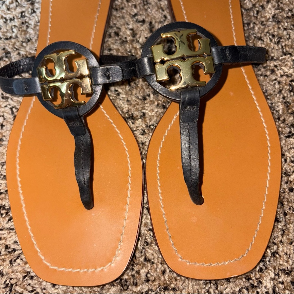 Tory Burch Black and Brown Thong Sandals